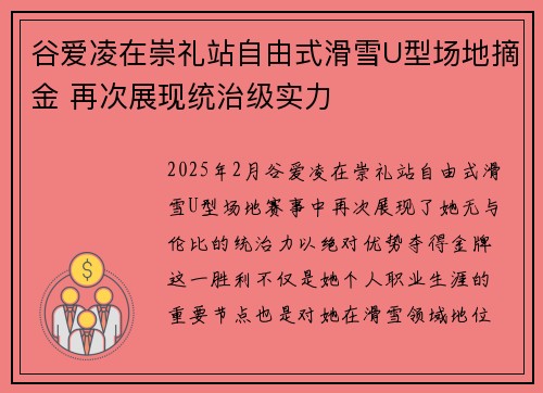 谷爱凌在崇礼站自由式滑雪U型场地摘金 再次展现统治级实力