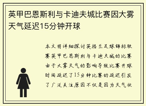 英甲巴恩斯利与卡迪夫城比赛因大雾天气延迟15分钟开球