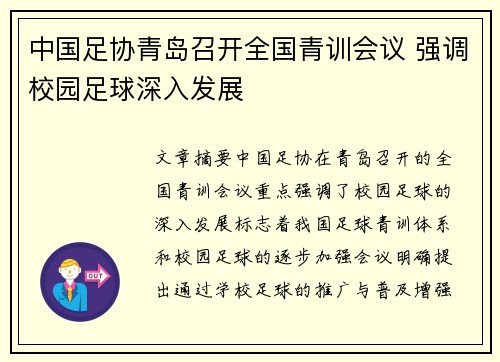 中国足协青岛召开全国青训会议 强调校园足球深入发展