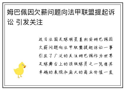 姆巴佩因欠薪问题向法甲联盟提起诉讼 引发关注
